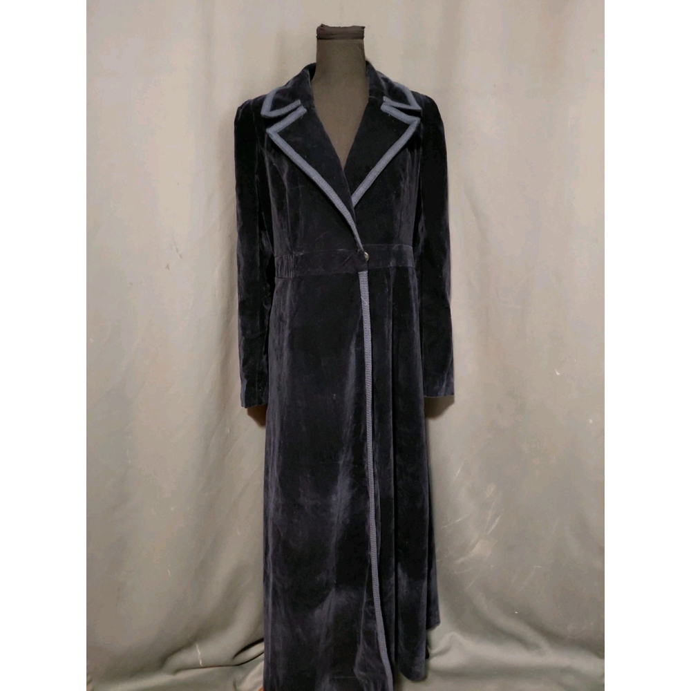 FEIINVAN Vintage Maxi Coat Blue Velveteen Flared Collared Trim Lined Sz Medium